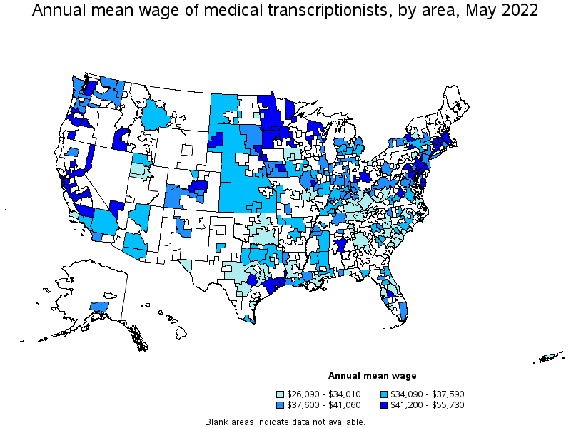 Map of annual mean wages of medical transcriptionists by area, May 2022