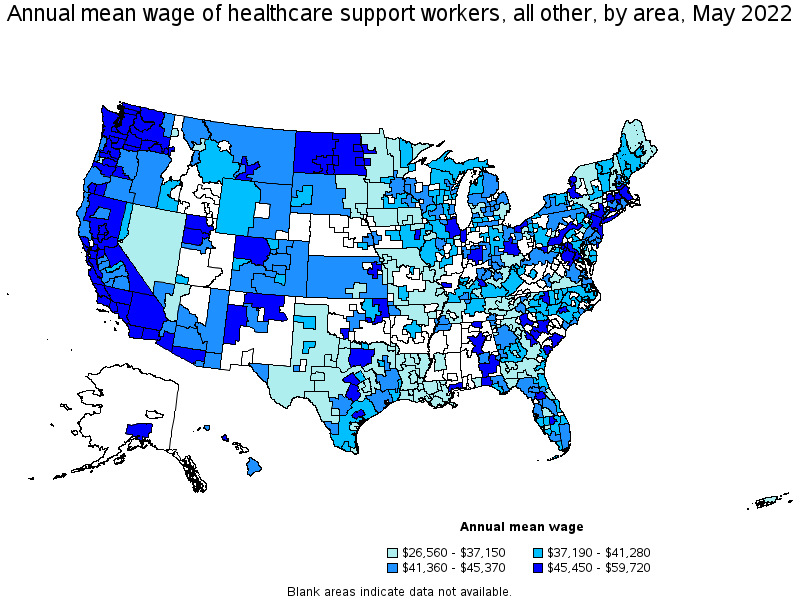 Map of annual mean wages of healthcare support workers, all other by area, May 2022