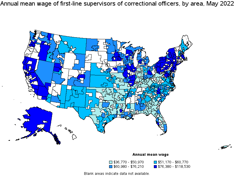 Map of annual mean wages of first-line supervisors of correctional officers by area, May 2022
