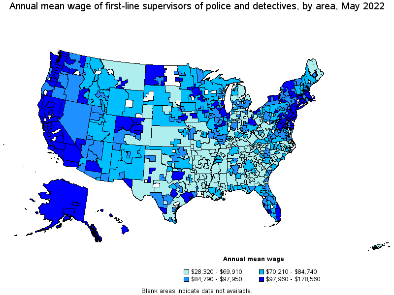 Map of annual mean wages of first-line supervisors of police and detectives by area, May 2022