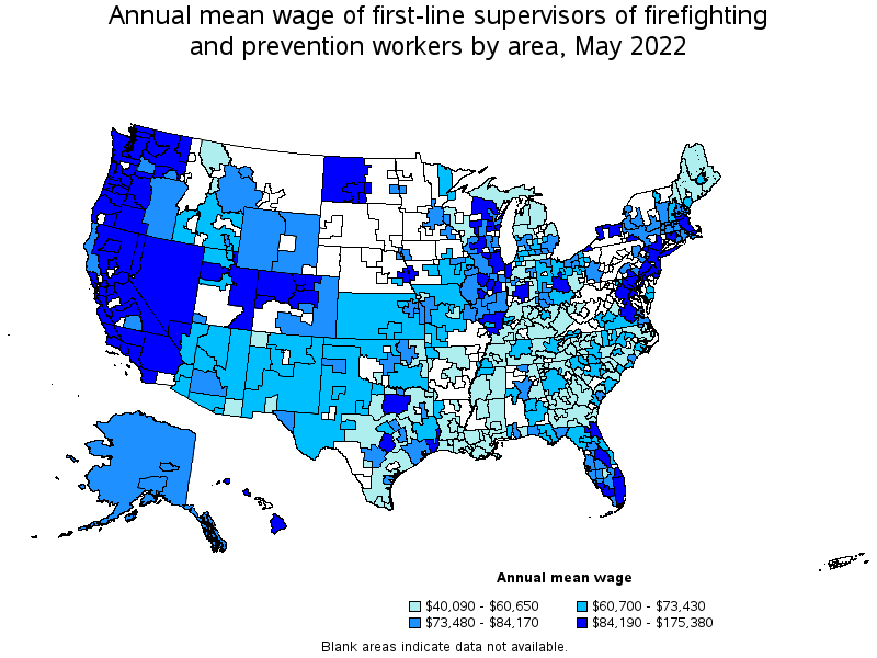 Map of annual mean wages of first-line supervisors of firefighting and prevention workers by area, May 2022