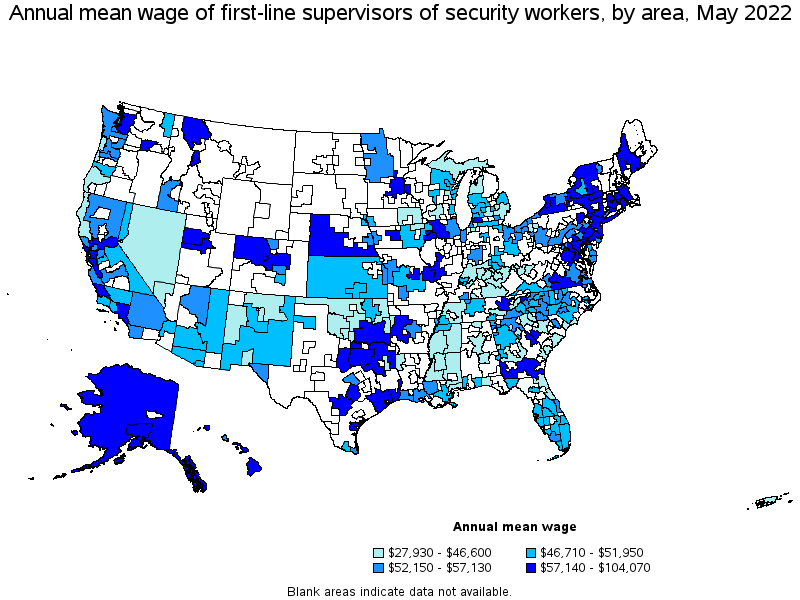 Map of annual mean wages of first-line supervisors of security workers by area, May 2022
