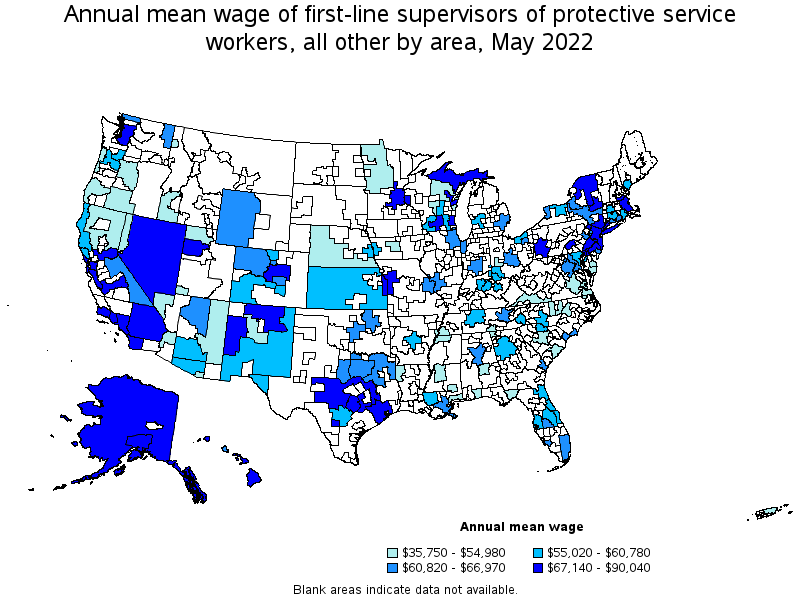 Map of annual mean wages of first-line supervisors of protective service workers, all other by area, May 2022