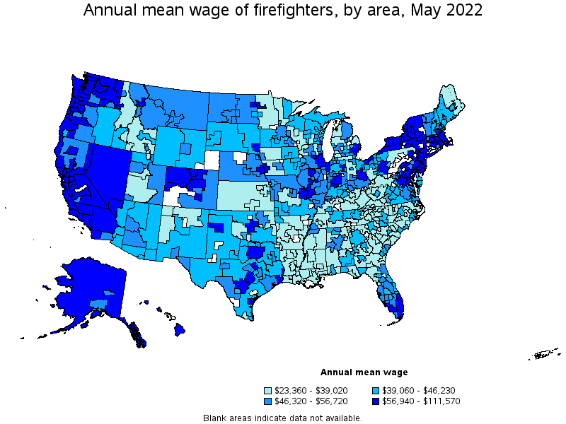 Map of annual mean wages of firefighters by area, May 2022