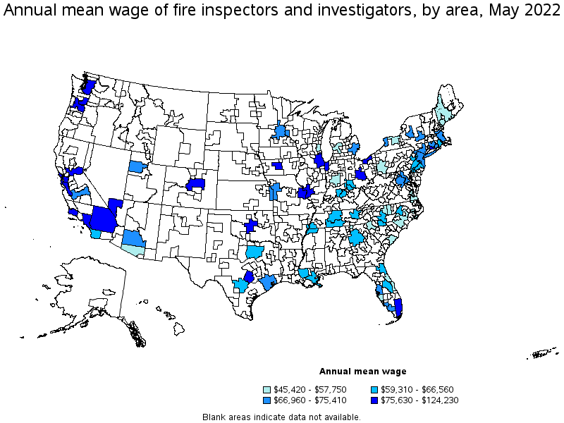 Map of annual mean wages of fire inspectors and investigators by area, May 2022