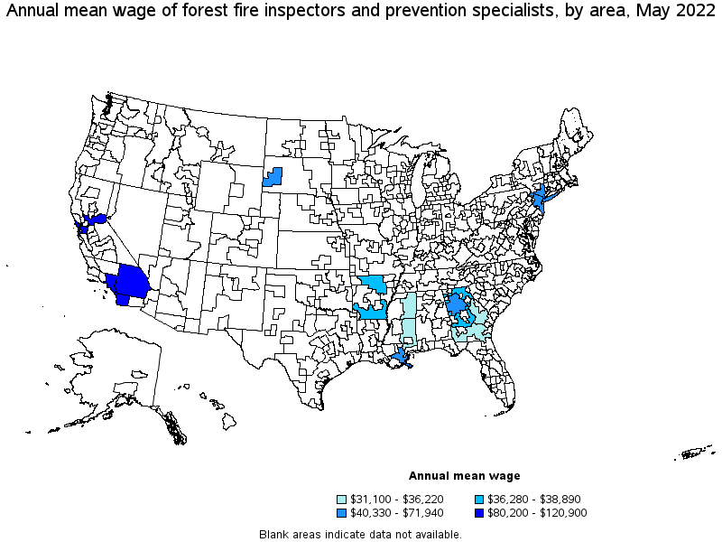 Map of annual mean wages of forest fire inspectors and prevention specialists by area, May 2022