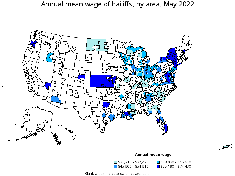 Map of annual mean wages of bailiffs by area, May 2022