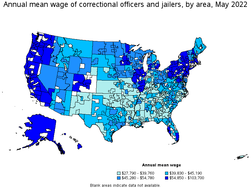 Map of annual mean wages of correctional officers and jailers by area, May 2022