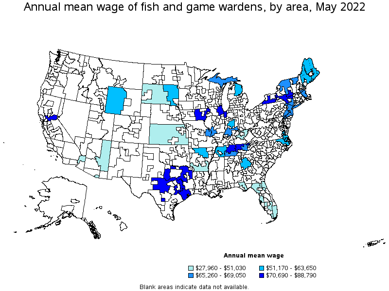 Map of annual mean wages of fish and game wardens by area, May 2022