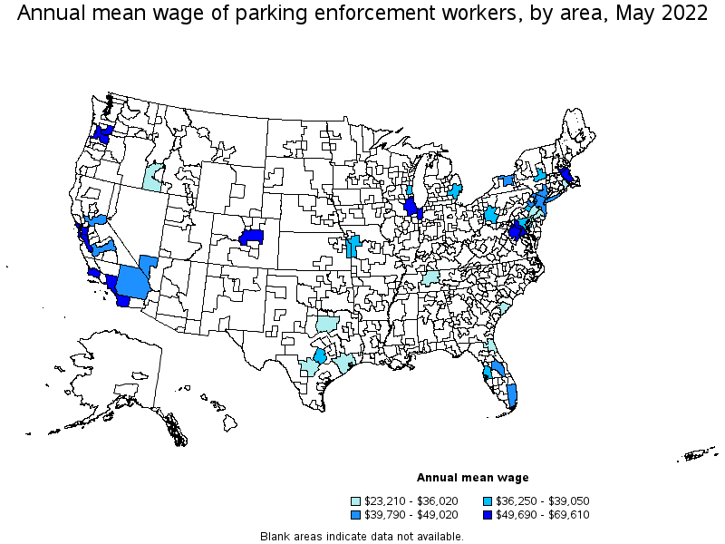 Map of annual mean wages of parking enforcement workers by area, May 2022