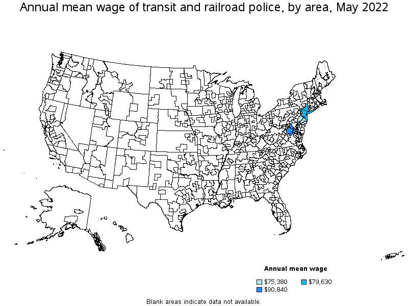 Map of annual mean wages of transit and railroad police by area, May 2022
