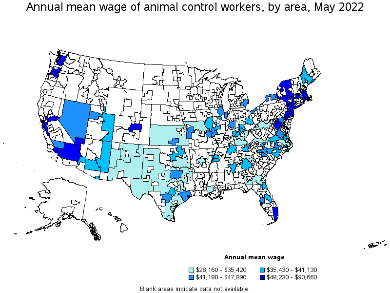 Map of annual mean wages of animal control workers by area, May 2022