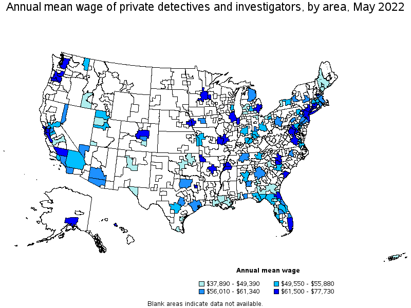 Map of annual mean wages of private detectives and investigators by area, May 2022