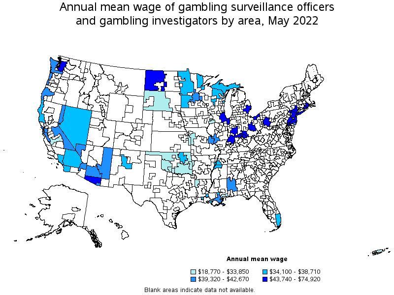 Map of annual mean wages of gambling surveillance officers and gambling investigators by area, May 2022