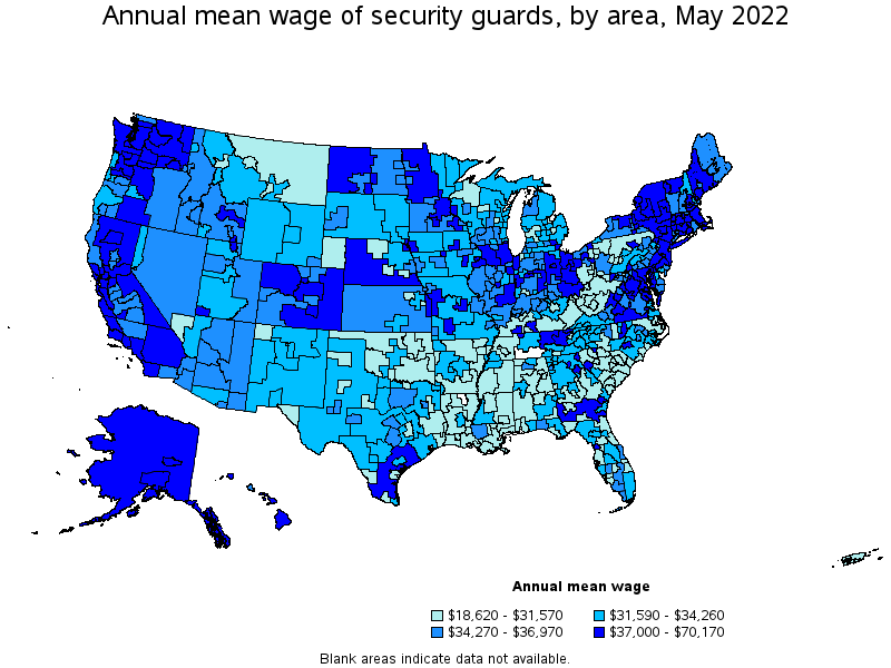 Map of annual mean wages of security guards by area, May 2022