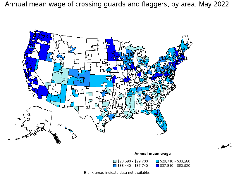 Map of annual mean wages of crossing guards and flaggers by area, May 2022