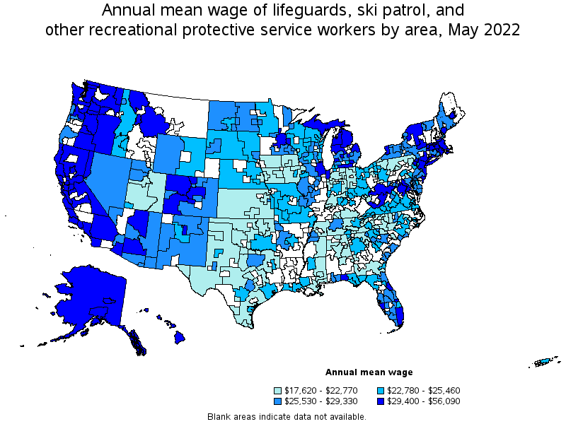 Map of annual mean wages of lifeguards, ski patrol, and other recreational protective service workers by area, May 2022