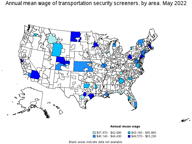 Map of annual mean wages of transportation security screeners by area, May 2022