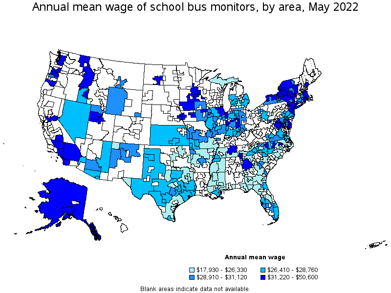 Map of annual mean wages of school bus monitors by area, May 2022