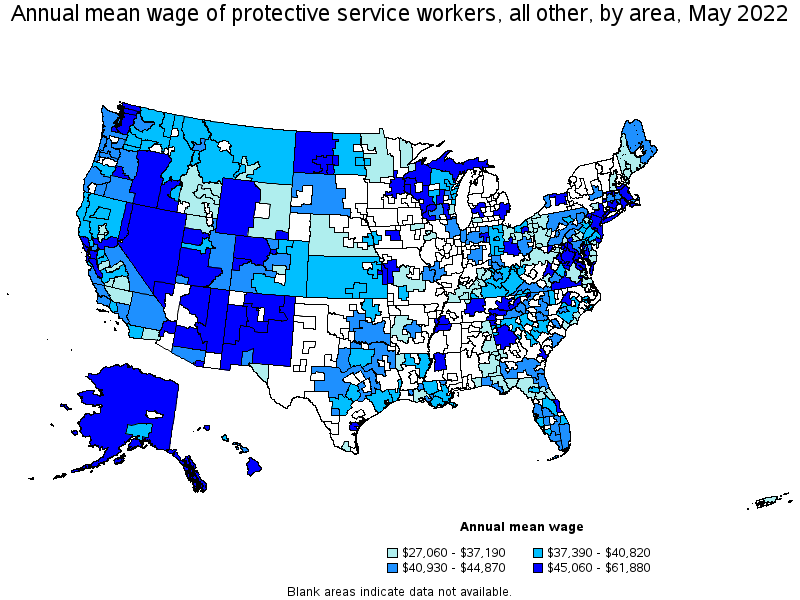 Map of annual mean wages of protective service workers, all other by area, May 2022