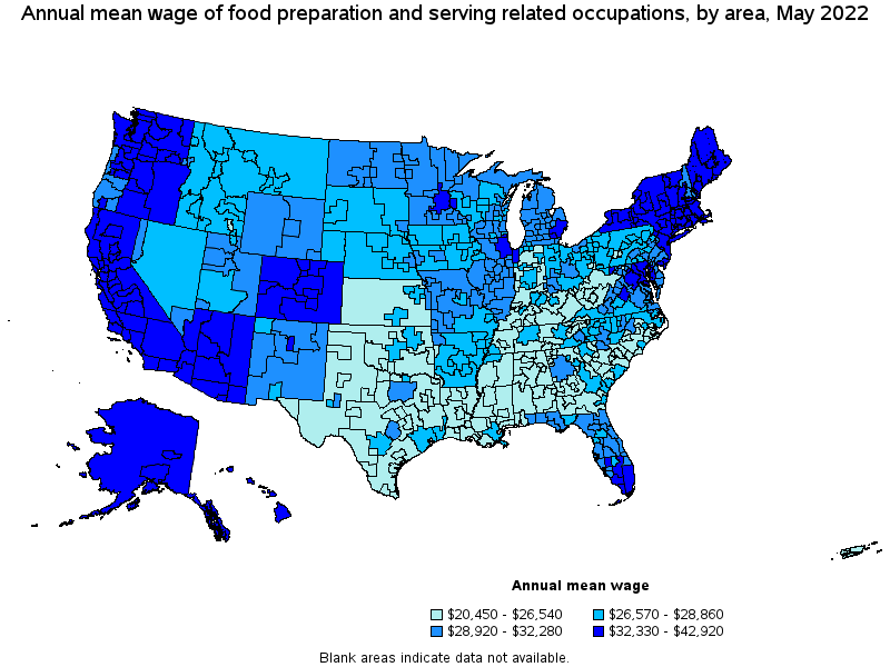 Map of annual mean wages of food preparation and serving related occupations by area, May 2022
