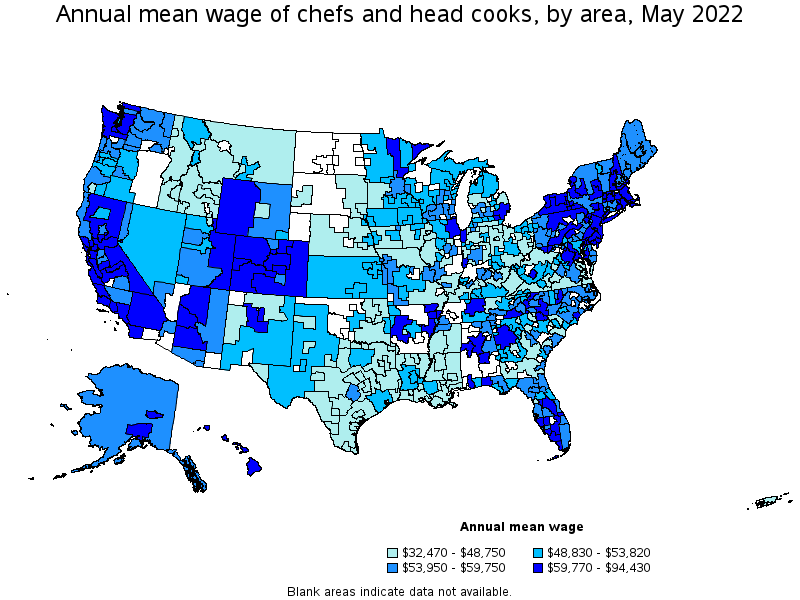 Map of annual mean wages of chefs and head cooks by area, May 2022