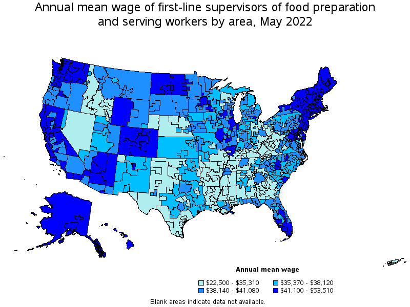 Map of annual mean wages of first-line supervisors of food preparation and serving workers by area, May 2022