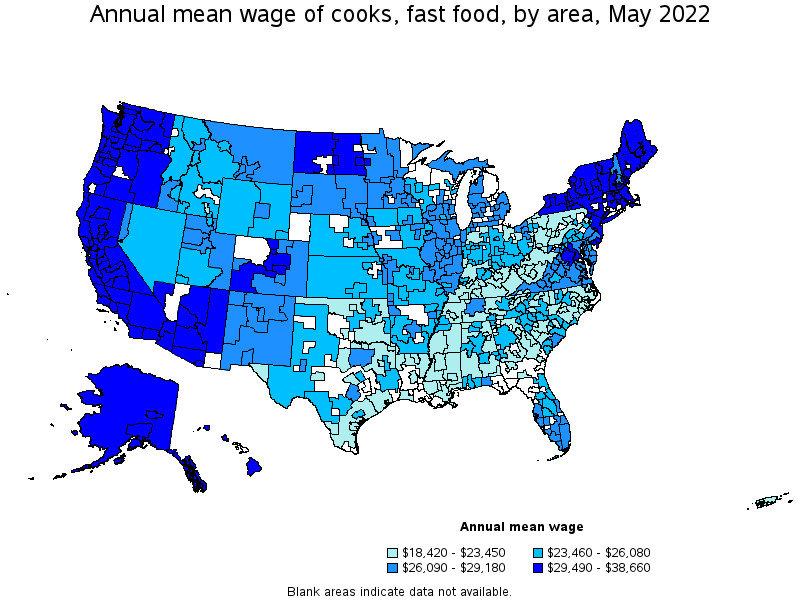Map of annual mean wages of cooks, fast food by area, May 2022