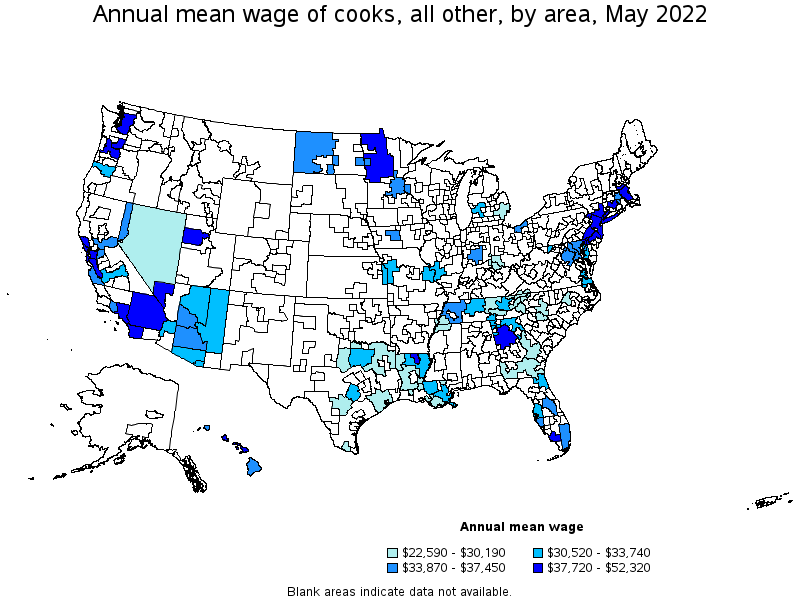 Map of annual mean wages of cooks, all other by area, May 2022