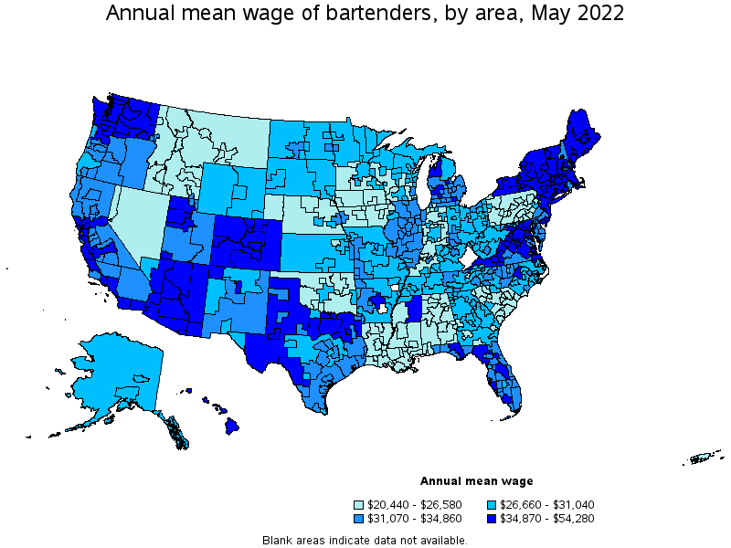 Map of annual mean wages of bartenders by area, May 2022
