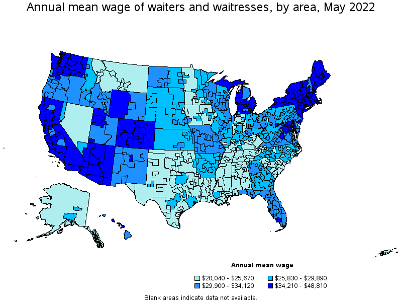 Map of annual mean wages of waiters and waitresses by area, May 2022