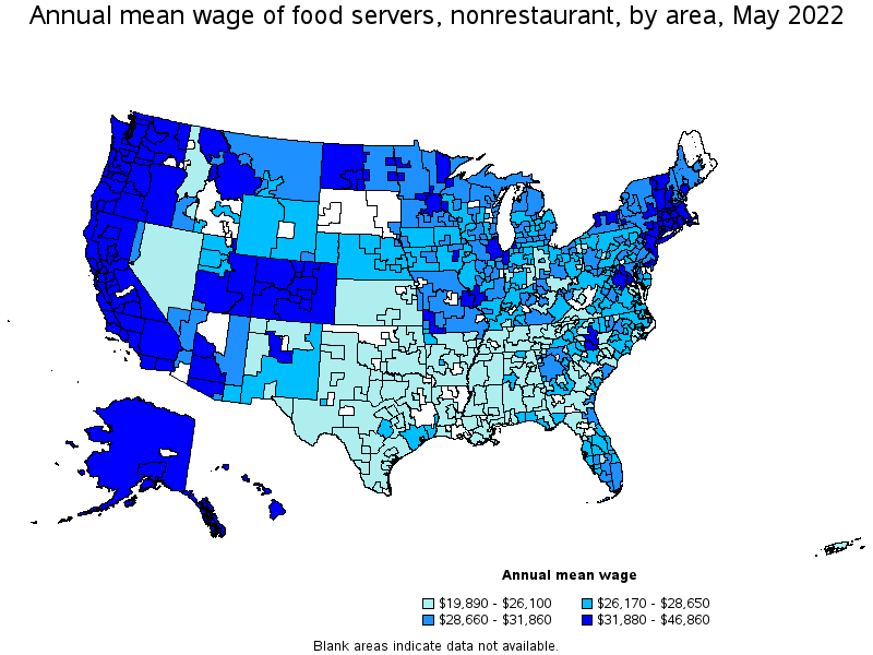 Map of annual mean wages of food servers, nonrestaurant by area, May 2022