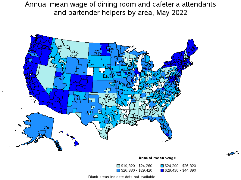 Map of annual mean wages of dining room and cafeteria attendants and bartender helpers by area, May 2022