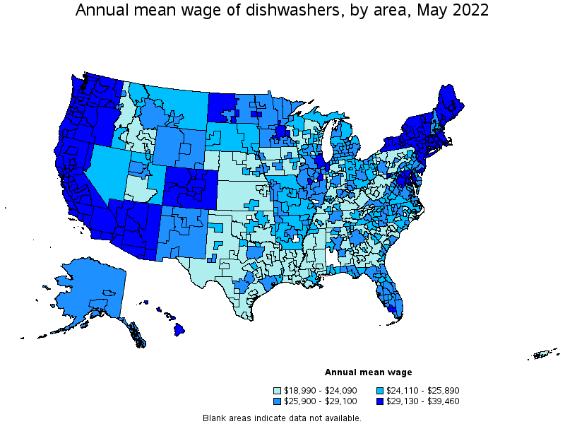 Map of annual mean wages of dishwashers by area, May 2022