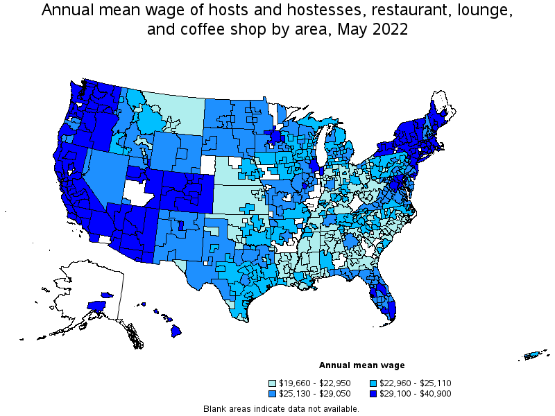 Map of annual mean wages of hosts and hostesses, restaurant, lounge, and coffee shop by area, May 2022