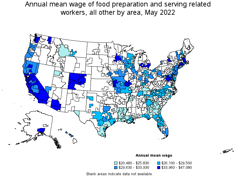 Map of annual mean wages of food preparation and serving related workers, all other by area, May 2022