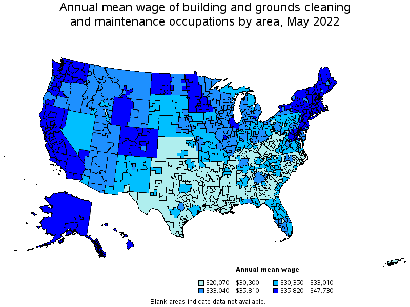 Map of annual mean wages of building and grounds cleaning and maintenance occupations by area, May 2022