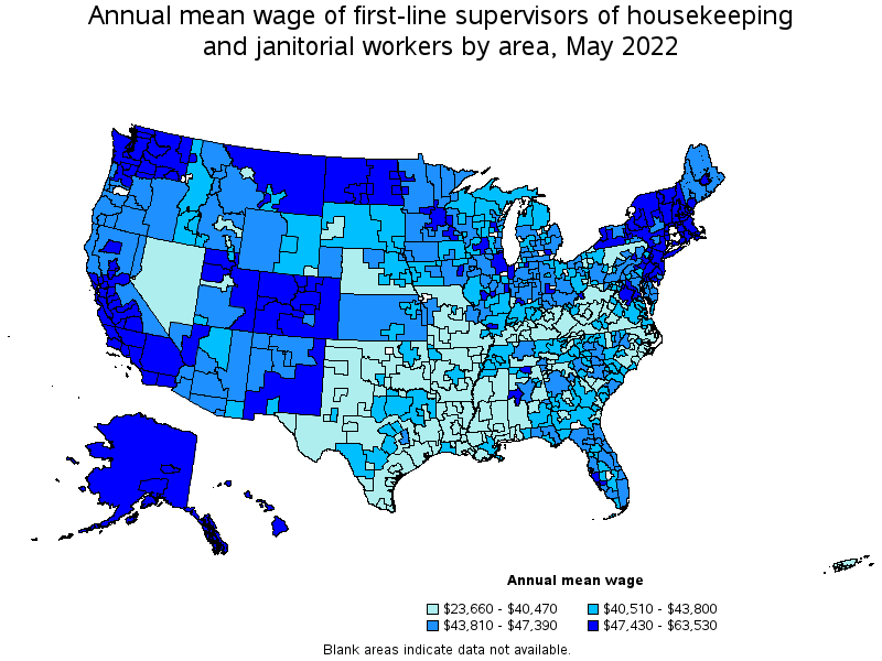 Map of annual mean wages of first-line supervisors of housekeeping and janitorial workers by area, May 2022