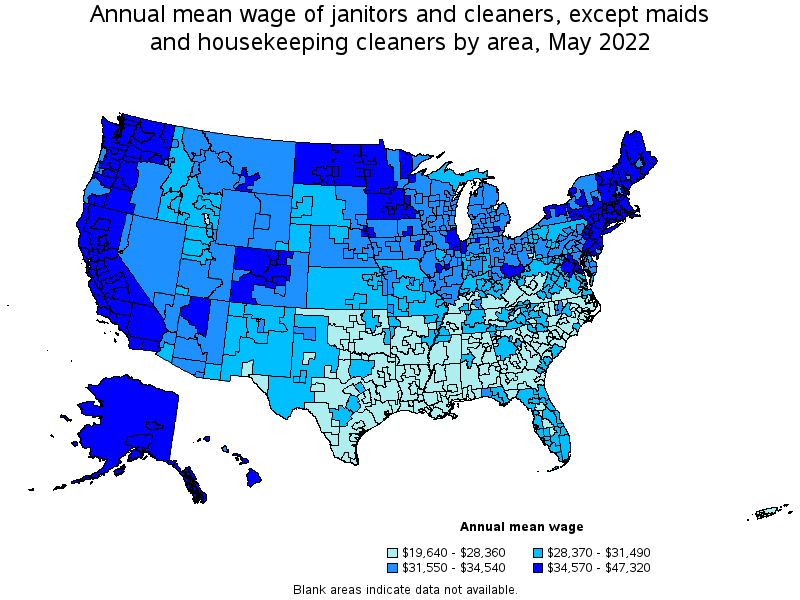 Map of annual mean wages of janitors and cleaners, except maids and housekeeping cleaners by area, May 2022