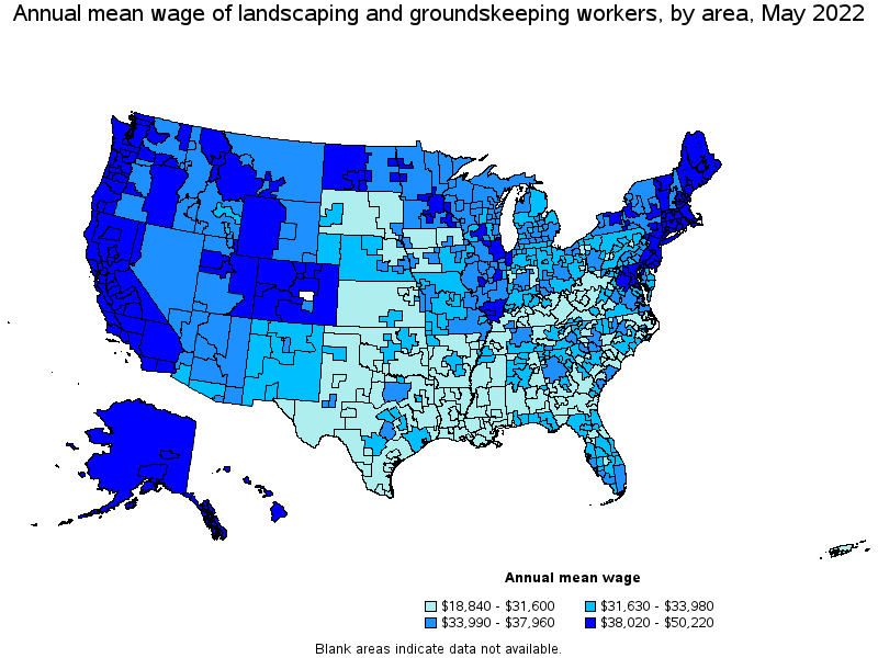 Map of annual mean wages of landscaping and groundskeeping workers by area, May 2022
