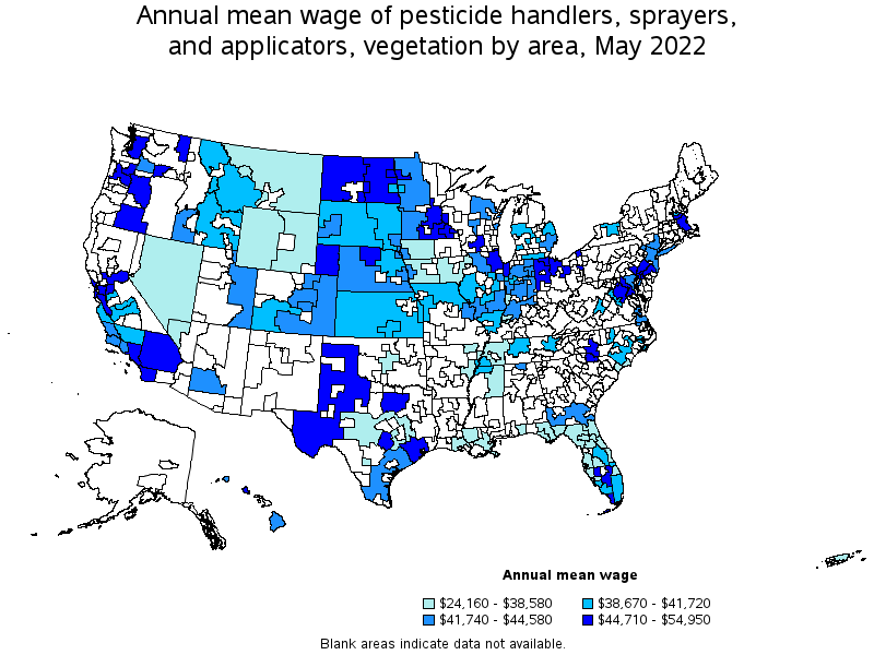 Map of annual mean wages of pesticide handlers, sprayers, and applicators, vegetation by area, May 2022