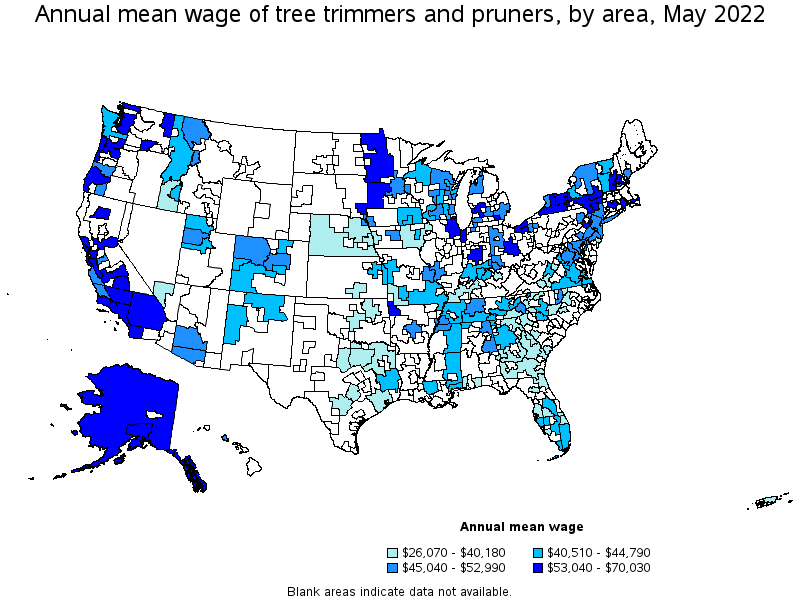 Map of annual mean wages of tree trimmers and pruners by area, May 2022