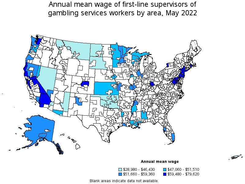 Map of annual mean wages of first-line supervisors of gambling services workers by area, May 2022