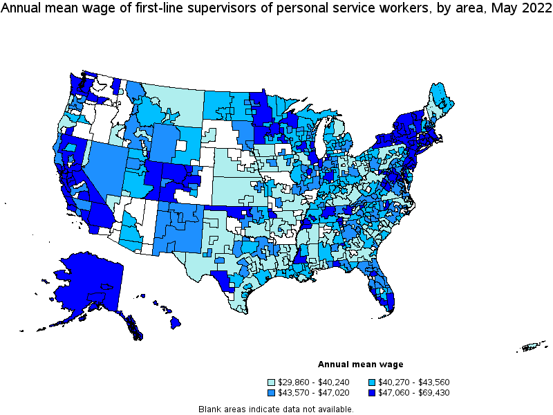 Map of annual mean wages of first-line supervisors of personal service workers by area, May 2022