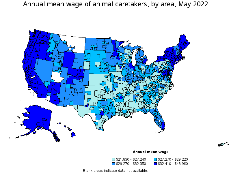 Map of annual mean wages of animal caretakers by area, May 2022