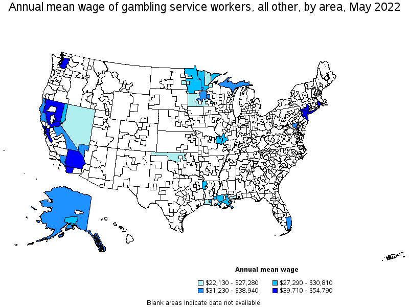 Map of annual mean wages of gambling service workers, all other by area, May 2022