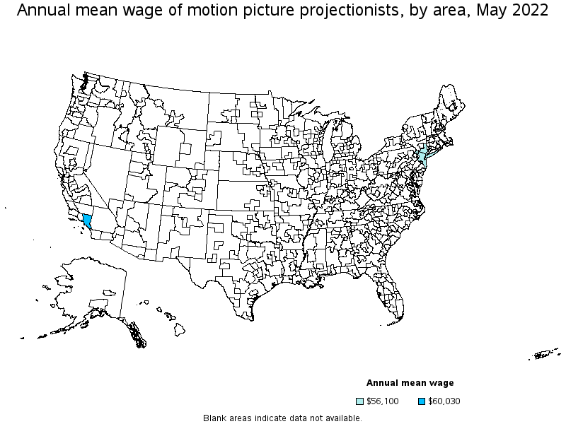 Map of annual mean wages of motion picture projectionists by area, May 2022