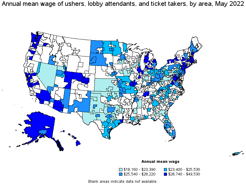 Map of annual mean wages of ushers, lobby attendants, and ticket takers by area, May 2022