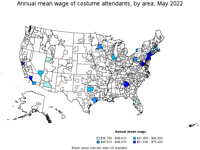 Map of annual mean wages of costume attendants by area, May 2022