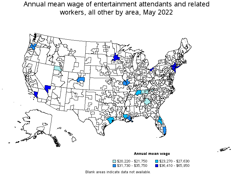 Map of annual mean wages of entertainment attendants and related workers, all other by area, May 2022
